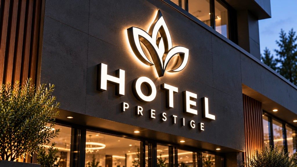 Podświetlane litery 3D i logo na ciemnej elewacji